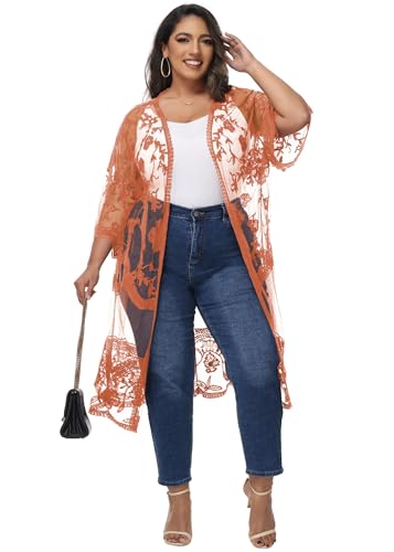 Image of Anna-Kaci Women's Plus Size Lace Cardigan Embroidered Long Kimono Dusters with Half Sleeves