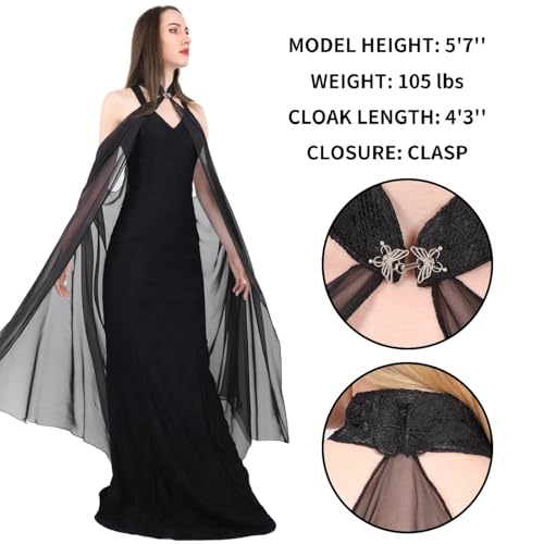 KUOIN Women's Chiffon Sheer Cape Gothic Tulle Cloak Halloween Wedding Bridal Collared Shawls Full-Length 130CM2