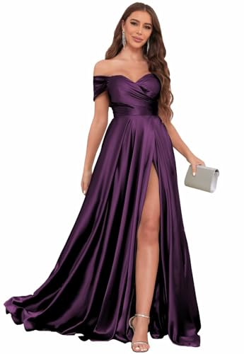 Long Satin Bridesmaid Dresses for Women Formal Off The Shoulder Prom Evening Gown with Slit