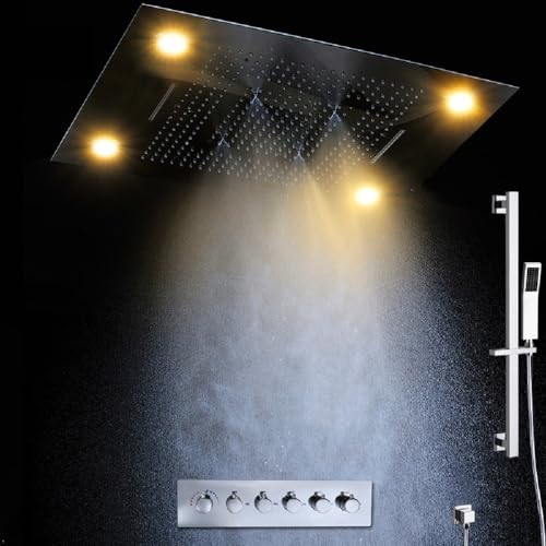 Modern Cascada 23" x 31" Recessed LED Shower System with 5 Functions (Rainfall, waterfall, SPA Misting, Rain curtain, & hand Shower) and Adjustable Wall Mount Sliding Bar (Brushed Gold) miniatura 2
