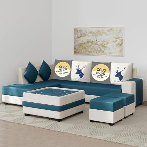 Image of FURNY Stylerry 8 Seater Fabric LHS Sectional L Shape Sofa Set with 1 Centre Table & 2 Puffy (Teal-Cream)