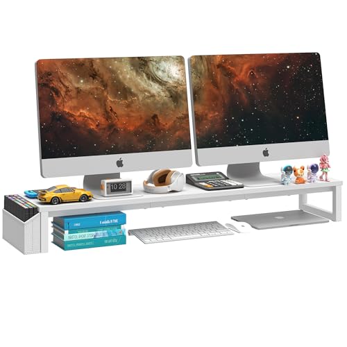 LAND·VOI Dual Monitor Stand Riser,41.5'' Long Monitor Stand for 2 Monitors, Wood and Steel Computer Monitor Stand, Desktop Oraganizer with Pen Holder, Monitor Riser for Desk Computer,Laptop,TV, White