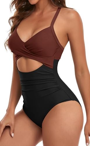 Eomenie Women's One Piece Swimsuits Tummy Control Cutout High Waisted Bathing Suit Wrap Tie Back 1 Piece Swimsuit Caramel, Black - 2