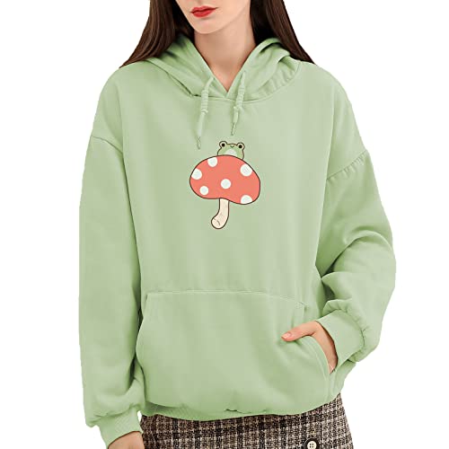 Keevici Women Cute Frog Sweatshirt Kawaii Mushroom Hoodie For Teen Girls Aesthetic Cottagecore Clothes Pocket Cotton Pullover (Green,S,Small) #TOP1