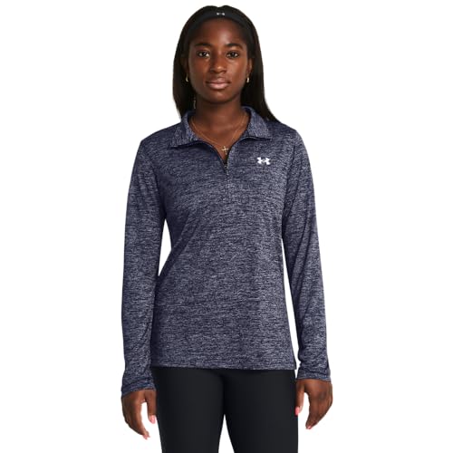 Under Armour Mujer Tech Half Zip Twist Camiseta de Gimnasia de Manga Larga Suave y Transpirable, Sudadera Deportiva con 1/2 Cremallera y tecnología antiolorMidnight Navy / / White,SM
