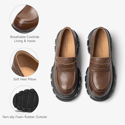 Image of BEAU TODAY Loafers for Women Dressy Leather Chunky Plaform Shoes | Genuine leather, breathable, Non-slip, thick sole business casual shoes