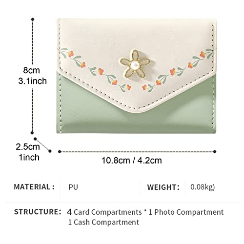 Women Girls Wallet Cute Flower Tri-Fold Wallet PU Leather Purse Slim Short Wallet Small Trifold Cash Card Holder Bag (Green)4