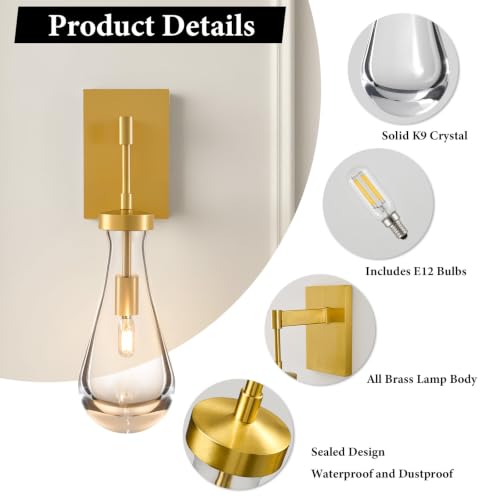 Raindrop Brass Crystal Wall Sconce: Set of 2 Gold Bathroom Decor Sconces - Image 3