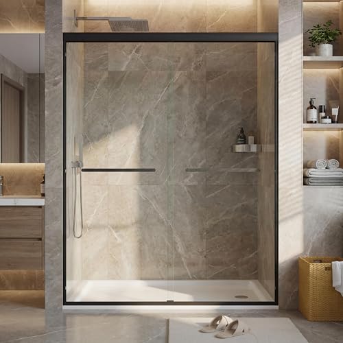 Image of GarveeTech 44-48 inch W x 72 inch H Semi-Frameless Shower Door, Double Sliding Glass Door with 5 /16 inch (8mm) Clear Tempered Glass for Bathroom, Matte Black