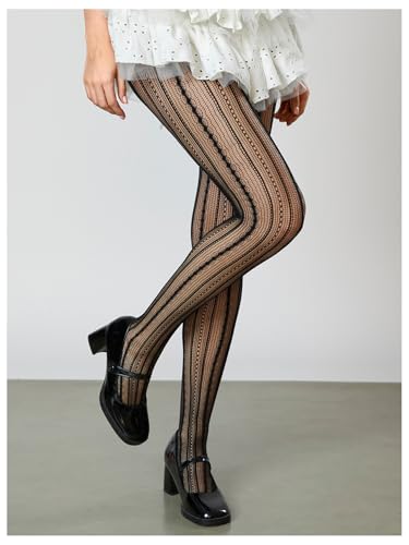 Image of RoseSeek Women's Floral Lace Fishnet Tights Kawaii Y2K See Through Stocking | Sheer Mesh, Lace Tights, Floral Lace Fishnet Tights, Thigh Highs, Leggings, Y2K Stockings