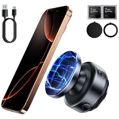 Magnetic Phone Holder, 360°Rotation Car Phone Mount, Electric Vacuum Strong Magnet for Any Smooth Surface Kitchen Mirror Gym,Cell Phone Holder Compatible with iPhone Android ( Not charging phone) Cover