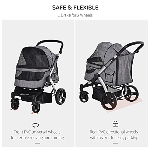PawHut Pet Stroller Foldable Dog Cat Travel Carriage with Adjustable Handlebar PVC Wheel Brake Storage Bag Mesh Window… - Image 6