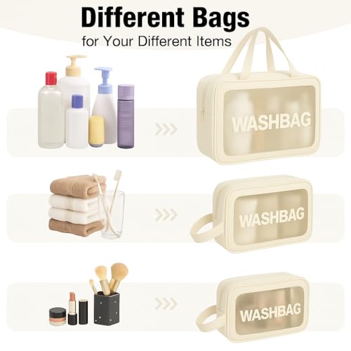 Image of Gritty Wash Bag Pouch for Travel Kit Toiletry Bag Cosmetic Bag Make Up Box for Brushes, Accessories with Handle, Large Capacity Waterproof Travel Storage Organizer Set of 3(Beige)