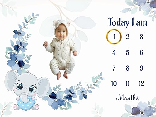 Image of Baby Monthly Milestone Blanket | 1-12 Months | Soft All-Season AC Blanket | Ideal for Newborn Boys & Girls | Perfect Growth Tracker & Photoshoot Prop with Floral Elephant | 120x90 cm