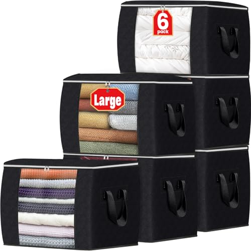 Image of Fab totes 24 Gallons Clothes Storage, Foldable Thick Fabric Blanket Storage Bags, Containers for Organizing Bedroom, Closet, Clothing, Comforter, Organization with Handle (6 Pack,Black)
