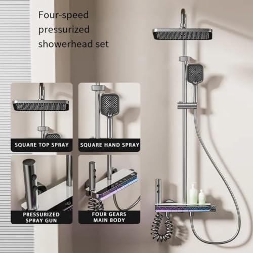 Image of X-XONIER Luxury thermostate Shower System, 4-in-1shower set with Large Overhead+3 Ways Hand Shower, 2 waybiget gun and tub spout, Temperature Dispaly, Star Galaxy LED lights shower panel (grey)