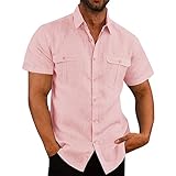 T Shirt Herren 4XL Herrenhemden Langarm Reverskragen Einfarbiges Knopfleiste Sommerhemd Kurzarm Locker Henley Hemd Mit Brusttasche Herren Polohemd (Rosa, 4XL)