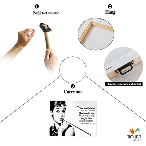 Timuba Hepburn Canvas Wall Art, Hepburn For Beautiful Eyes Quote Poster Framed Wall Decor, Hepburn Black And White Picture Canvas Print For Women Girl Bedroom Bathroom Ready To Hang (18X24Inches) #TOP4