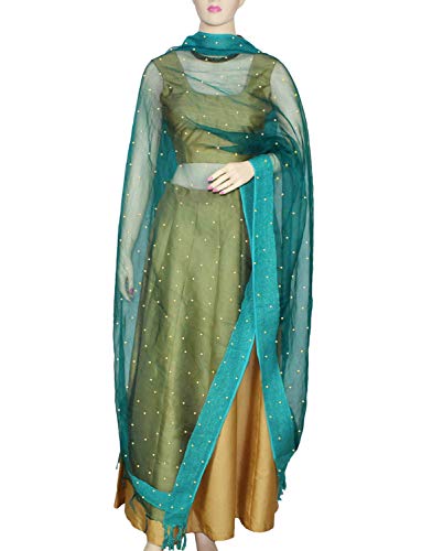 Dupatta Teal Green Scarf Golden Beaded Work Organza Chunni Hijab Party Wear Stole Head Wrap Gift For Her