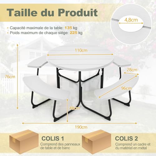 Table de pique-nique circulaire de jardin blanche avec bancs intégrés COSTWAY