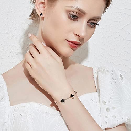 TOFBS Four-Leaf Clover Jewellery Set for Women Girls 18K Rose Gold Plated Stainless Steel Double-sided Four-Leaf Clover Pendant Necklace Stud Earrings Bracelet Set Dainty Enamel Jewellery Set