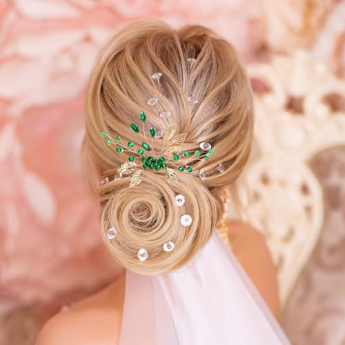 Pettine per capelli da sposa, 2 Pezzi Verde Strass...