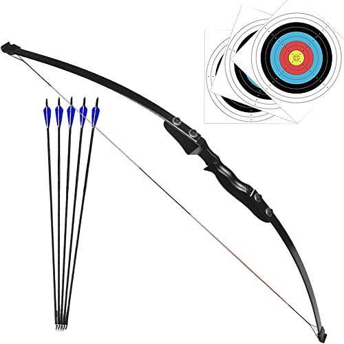 Kit Arco e Flecha Profissional Recurvo Empunhadura Destro de Madeira Preta Força de 40lbs + 5 Flecha