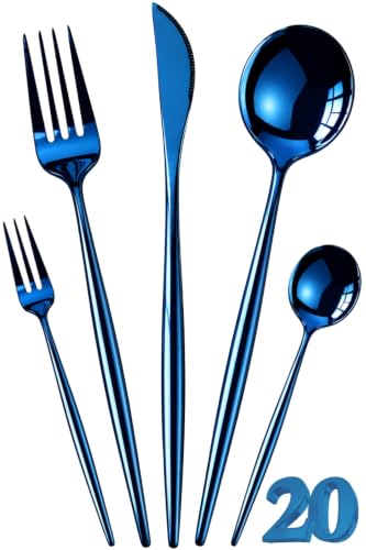 Image of Slim Handle Blue 20 Pcs Stainless Steel Cutlery Set for Dining Table, Dishwasher Safe Glossy Flatware (4 Spoon Set+4 Forks Set+4 Butter Knife+4 Dessert Spoon+ 4 Fruit Fork)
