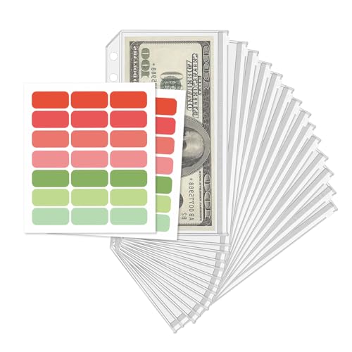LXWHYP 16 Pcs A6 Zippered Binder Envelope Pouches for 6-Ring Budget Cash System, Clear Inserts for Money Saving and Budgeting, With 42 Sticky Labels