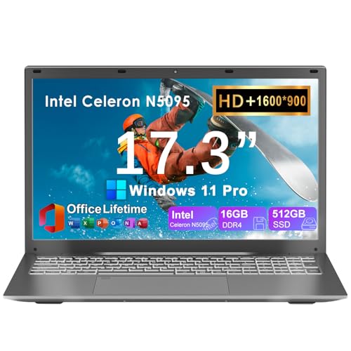 Soulgenix Laptop Computer 17 17.3 inch HD+ Display, Windows 11 Pro + MS Office for College Students Business, Intel 4-Core Celeron N5095, 16GB RAM 512GB SSD, Type-C, Backlit Keyboard, Fingerprint