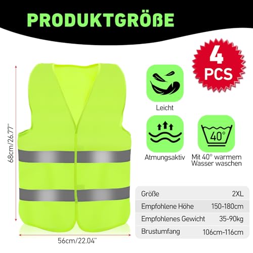 Aerzouser 4 Stück Warnwesten Auto, Sicherheitsweste Auto, Warnwesten, Warnweste Auto,Warnwesten Auto 4er,Warnweste für die Nächtliche Pannenhilfe, Ausgestattet Mit Hochwertigen Reflexstreifen