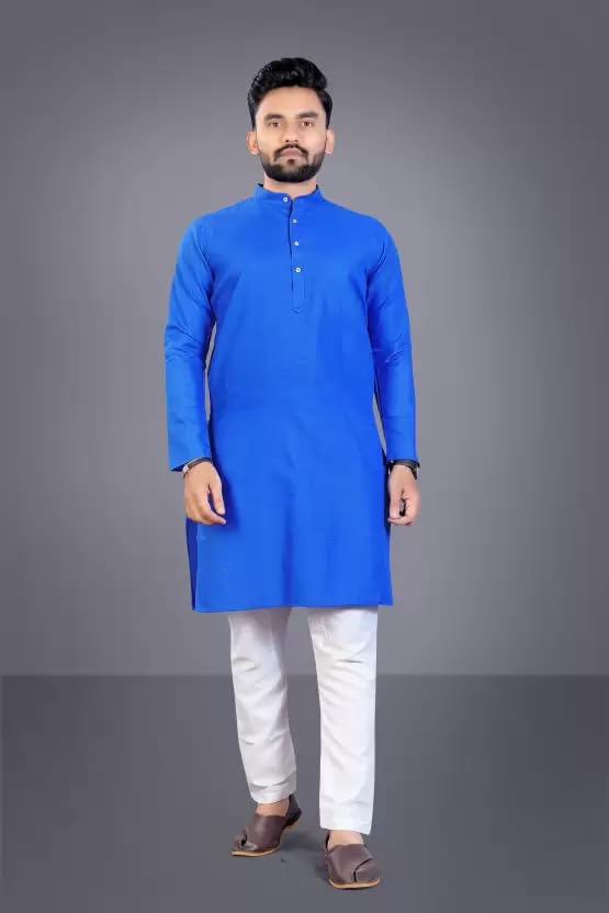 Image of weltpocket Men's Cotton Blend Solid Straight Kurta Pyjama