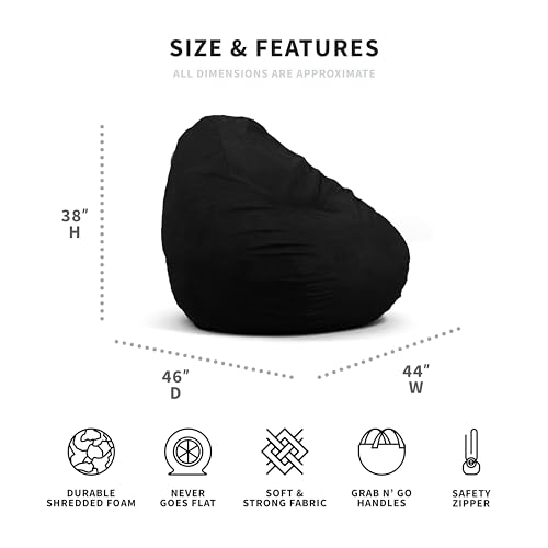 Big Joe Lotus Foam Filled Teardrop Bean Bag Chair with Removable Cover, Black Plush, Soft Polyester, 4 feet Big by Big Joe - Image 2