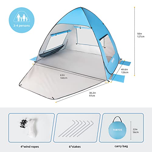 TOBTOS UPF 50+ Pop Up Beach Tent, Beach Umbrella, Automatic Sun Shelter 3-4 People UV Protection Portable Sunshade, Easy Set Up Baby Canopy Cabana, Lightweight with Carry Bag