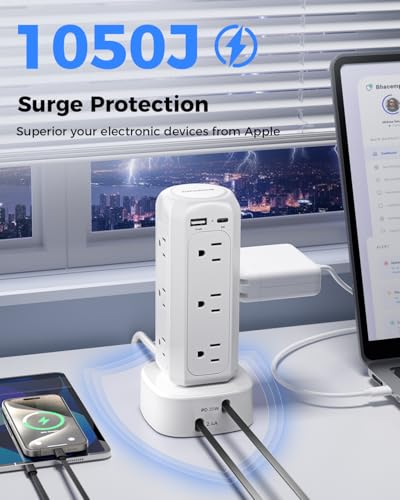 [2024 Newest] Power Strip Tower with Retractable Charging Cables, SUPERONE Surge Protector Tower with PD20W USB C and 12 AC Outlets, Flat Plug 6 FT Small Fast Charging Station for Home Office - White - Thumbnail 6
