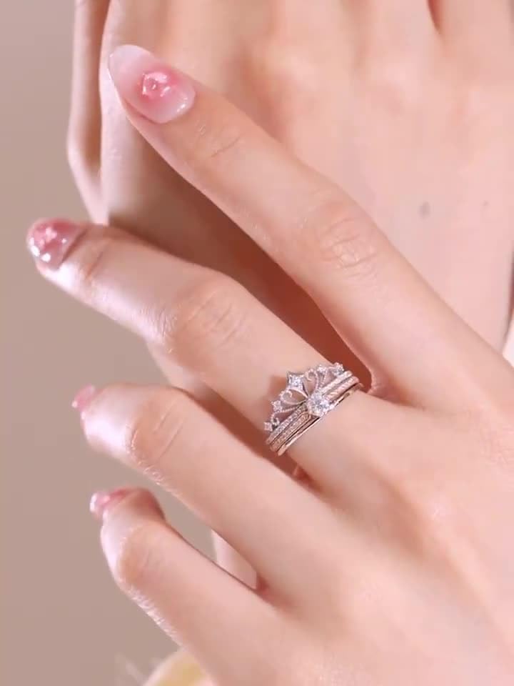 S925 Silver Rose Gold Stackable Ring Set with 0.3 Carat Natural Diamond| D-color VVS1 Clarity | Crown Design | Engagement Ring for Modern Brides - Image 3