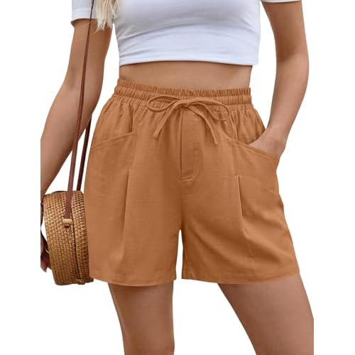 AKEWEI Linen Shorts Women Casual Wide Leg High Waisted Summer Outfits Comfy Elastic Waist Beach Shorts with Pockets Orange Medium