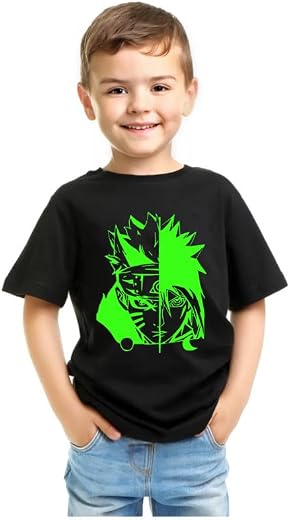 SH PRINT Glow and Dark Animey Character TwoToddler Cotton T-Shirt, Short Sleeve, Black, Casual Wear Kid T-Shirt