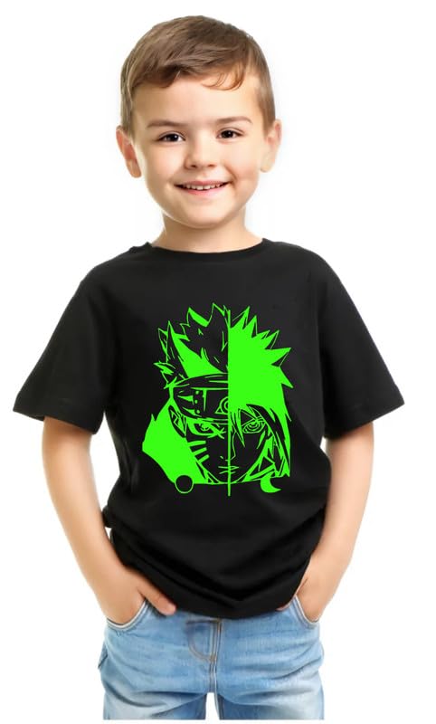SH PRINT Glow and Dark Animey Character TwoToddler Cotton T-Shirt, Short Sleeve, Black, Casual Wear Kid T-Shirt