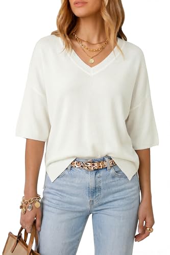 Image of Arach&Cloz Women's Wool Blend Elbow Sleeve Summer Oversized Casual Sweater | Versatile, Fall Layering Soft, Anti-pilling