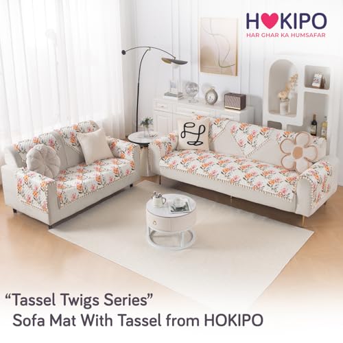 Image of HOKIPO Painterly Floral Quilted Sofa Cover 5 Seater Set with Tassels - Washable 3+2 Sofa Cover Mat |'Tassel Twigs' Series (IN-985-T8 + IN-983-T8)