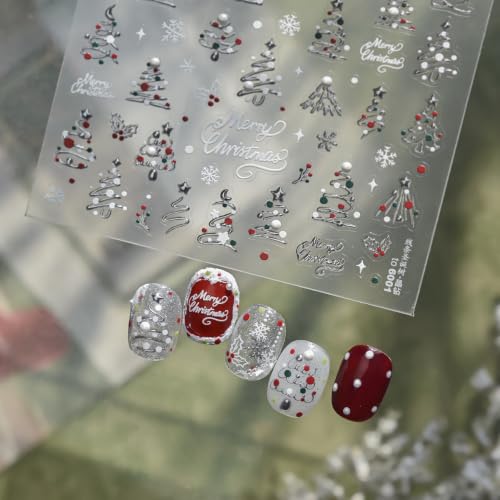 Image of Christmas Nail Stickers Holly Snowflake Nail Decals Silver Nail Art Decals | Festive Red & Green Xmas Tree Nail Stickers, 5D Embossed Self-Adhesive Decals for Women Holiday Season Manicure Charms Supply
