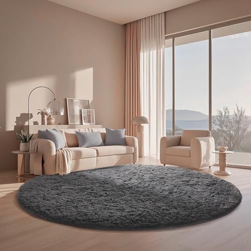 image for Ophanie Round Rugs 6Ft Grey Circle Area Rug, Fluffy Fuzzy Bedroom Carp