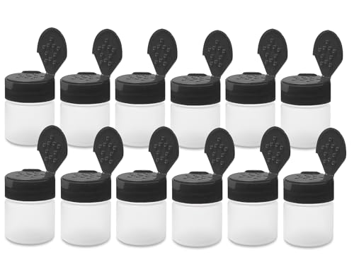 ljdeals 1 oz Plastic Spice Jars with Black Flip & Sift Caps 12 Pack Empty Spice Bottles for Herbs Seasonings Powders Camping Travel Kitchen Restaurant Use BPA-Free Recyclable Made in USA