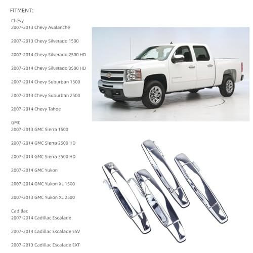 Exterior Chrome Door Handle 4 PCS Front Rear Driver & Passenger Compatible with 2007-2014 Cadillac Escalade Chevy Avalanche Silverado Suburban GMC Sierra Yukon OE # 20828258 22738721 25960525 22738722