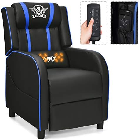 GYMAX Gaming Recliner, Massage Gaming Chair with Adjustable Backrest Footrest, Remote Control & Side Pocket, Ergonomic Game Lounge Chair, Racing Style Single Theater Seat Game Sofa for Adults (Blue)