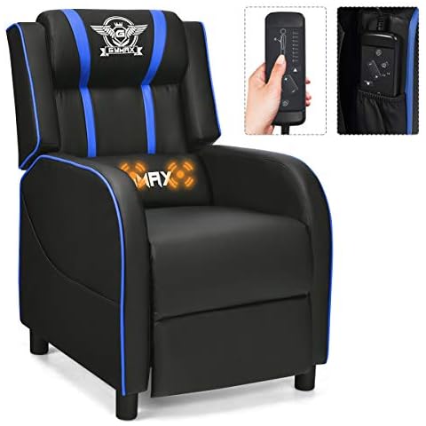 GYMAX Gaming Recliner, Massage Gaming Chair w/Adjustable Footrest, Remote Control & Side Pocket, Ergonomic Game Lounge Chair, Racing Style Single Theater Seat Game Sofa for Adults (Blue) Cover