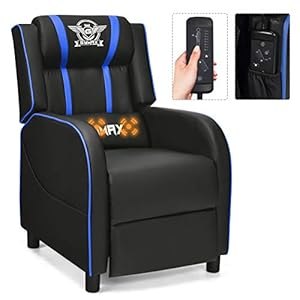 Gymax gaming recliner massage gaming chair wadjustable footrest remote control side pocket ergonomic game lounge chair racing style single theater seat game sofa for adults blue  urban country home decor