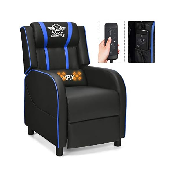 Gymax gaming recliner massage gaming chair wadjustable footrest remote control side pocket ergonomic game lounge chair racing style single theater seat game sofa for adults blue  urban country home decor
