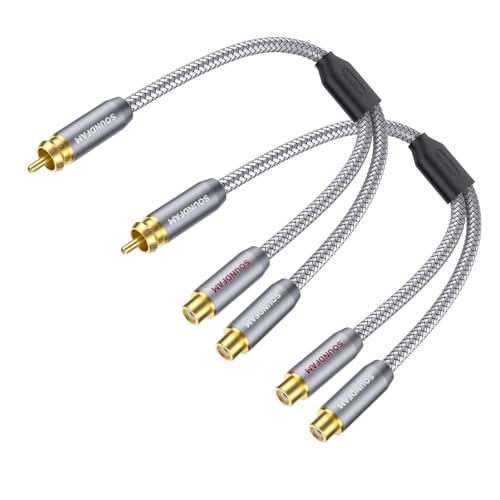 SOUNDFAM 2-Pack RCA Y Splitter 1 Male to 2 Female Gold-Plated Plug RCA Splitter Stereo Y Adapter for Subwoofer, TV, CD Player, Home Theater-Grey(1Feet/30cm)